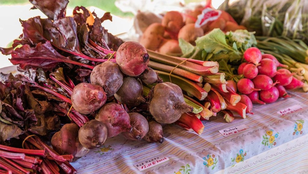 A variety of vegetables on display at a farmers market.