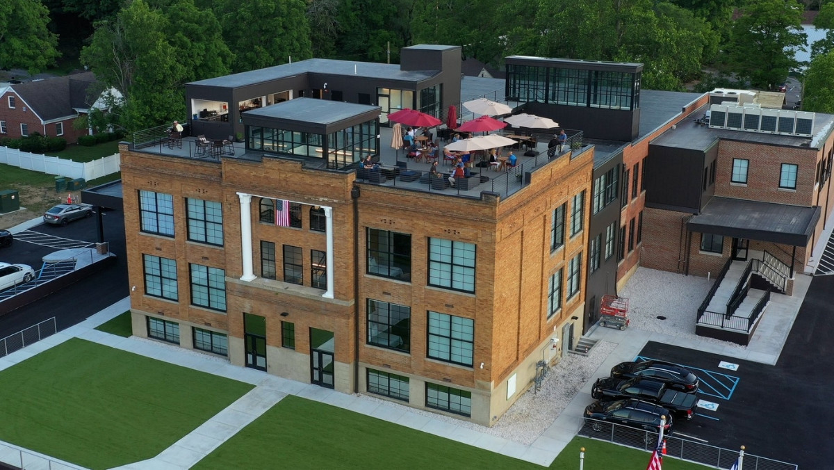 A view of the Schoolhouse Hotel from above.